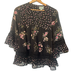 Maeve Black Embroidered Floral Peplum Blouse with Eyelet Detail – Size M